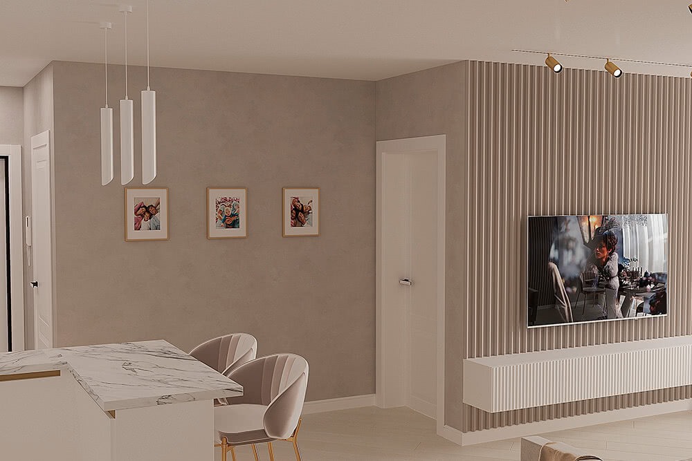 Дизайн интерьера гостиной для молодой семьи в смешанном стиле по ул.Ивана Захарова